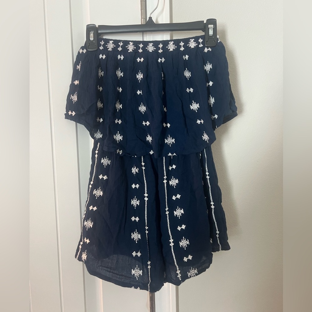 Japna Navy Blue Ruffled Romper with White Embroidery - Size XS